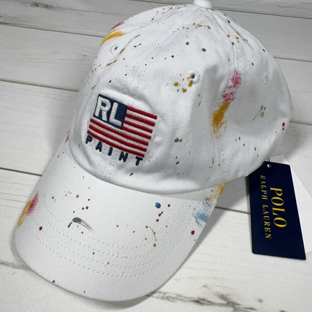PRL RL Paint Splatter Hat White Mens OS Flag Cap Polo Ralph Lauren